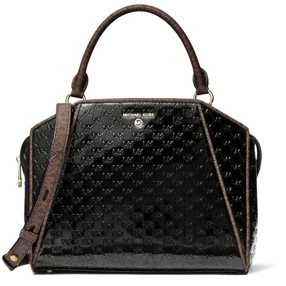 Michael Kors Cleo logo-embossed patent leather purse shoulder-bag satchel black - Picture 1 of 16